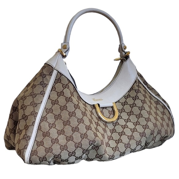 Gucci Abbey GG Canvas and Leather Hobo D Ring Bag Tan White - Picture 4 of 14